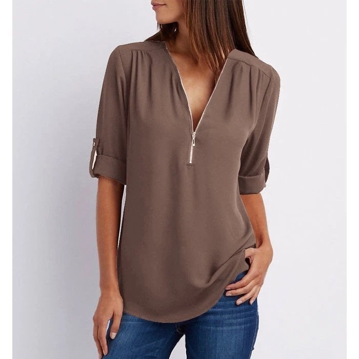 Rosé | Kvinders Zip-Up V-Hals Halværmet Casual Bluse Top
