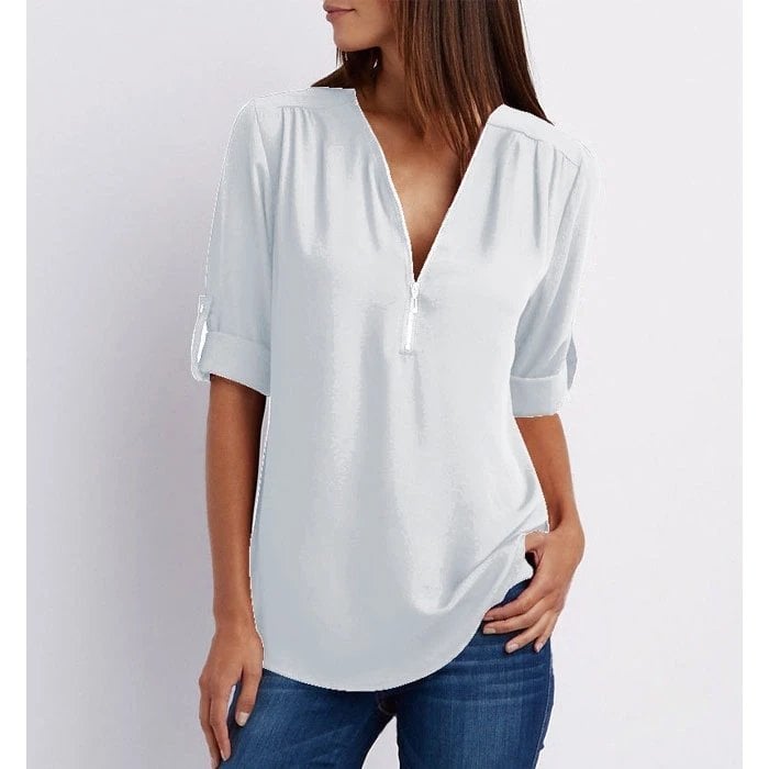 Rosé | Kvinders Casual Bluse med Lynlås, V-Hals og Halv Ærme