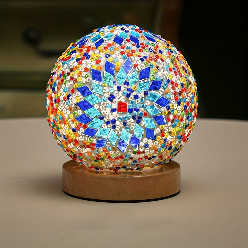 Håndlavet Mosaik Glas Bordlampe med Træfod - Tyrkisk Marokkansk Design