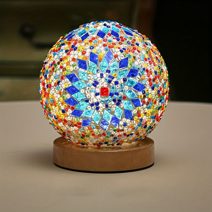 Håndlavet Mosaik Glas Bordlampe med Træfod - Tyrkisk Marokkansk Design