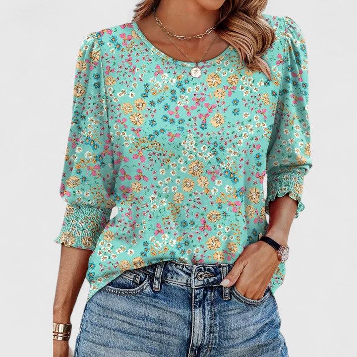 Harper | Kvinders Smocket Manchet 3/4 Ærme Crew Neck Top