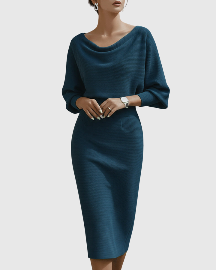 Vivienne | Kvinders Cowl Neck Batwing Ærme Ribbet Midi Kjole