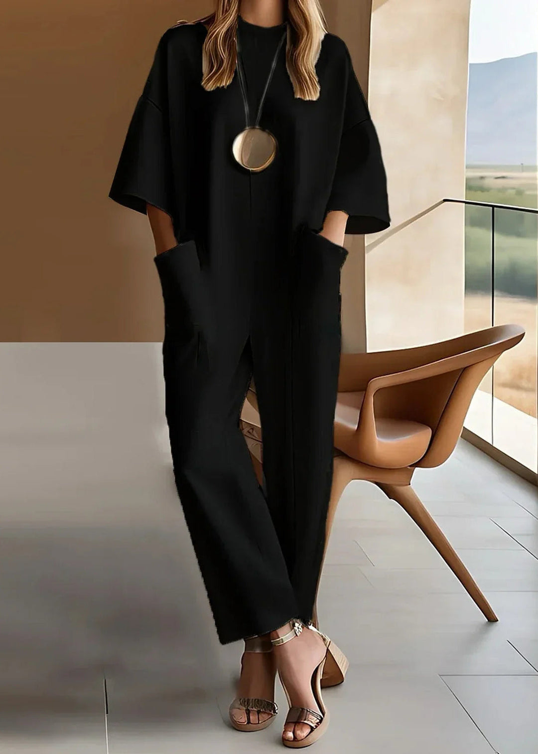 Aria | Kvinders Kortærmet Bred Ben Jumpsuit Rund Hals