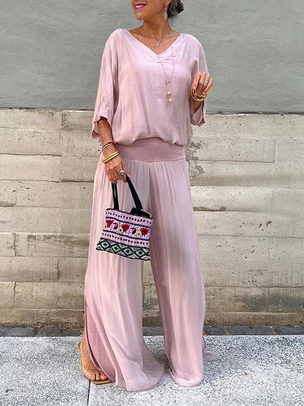 Olive | Kvinders V-Hals Batwing Ærme Bred Ben Jumpsuit 2 Delt