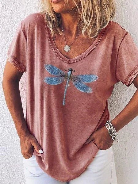 Luna | Kvinders V-Hals Kortærmet T-Shirt med Drageflue Print