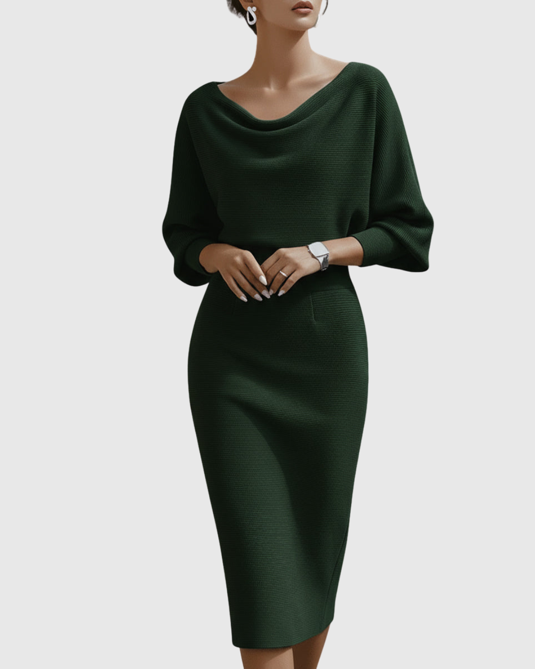 Vivienne | Kvinders Cowl Neck Batwing Sleeve Ribbed Midi Kjole