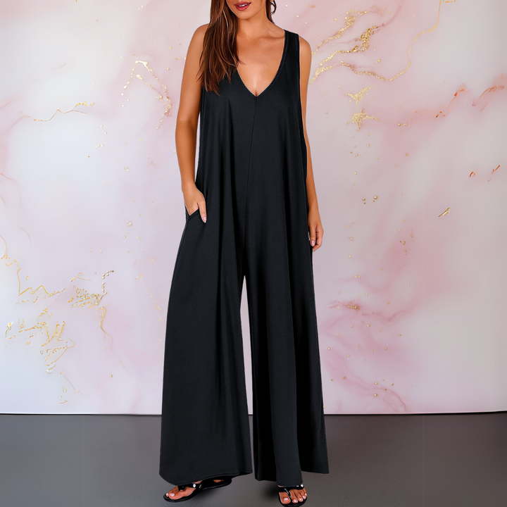 Onyx | Kvinders V-hals ærmeløs jumpsuit med brede ben og lommer