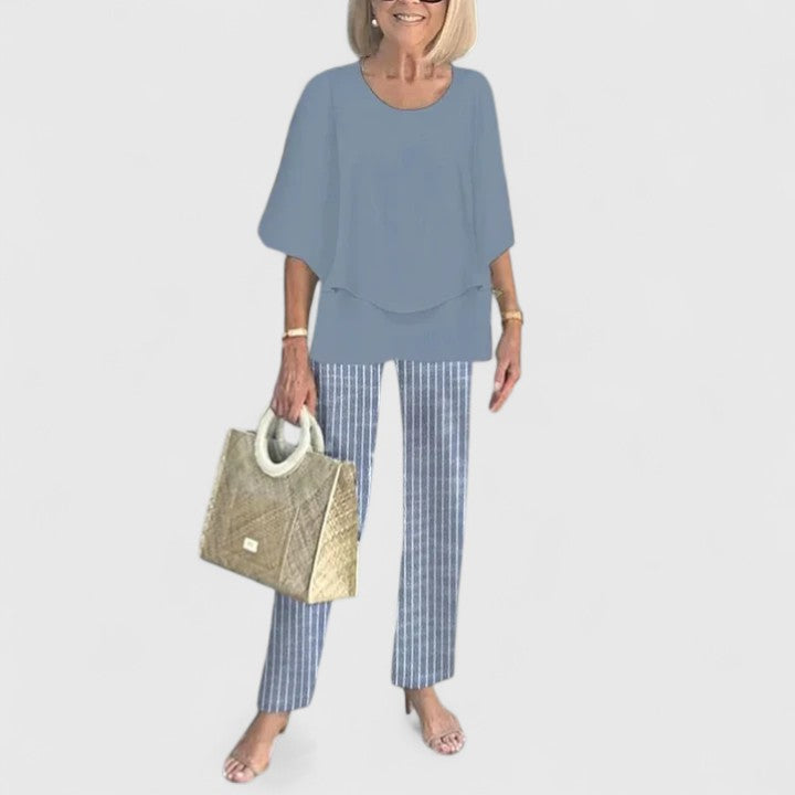 Fern | Kvinders afslappede blomsterprint top og brede bukser sæt