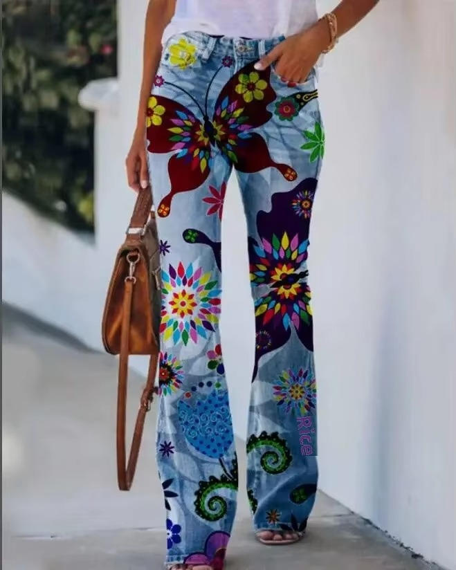 Eng | Kvinders Blomsterprint Høj Talje Flare Jeans