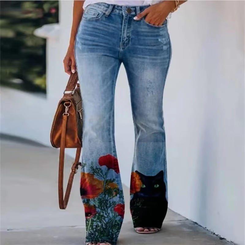 Eng | Kvinders Blomsterprint Høj Talje Flare Jeans