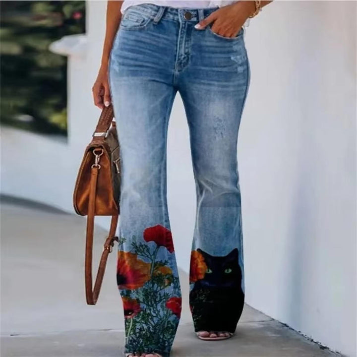 Eng | Kvinders Blomsterprint Høj Talje Flare Jeans