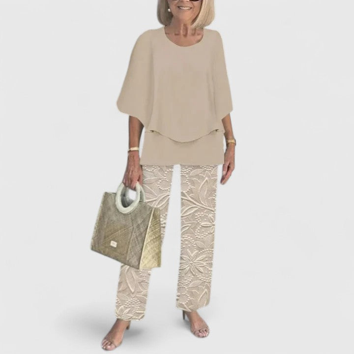 Fern | Kvinders afslappede blomsterprint top og brede bukser sæt