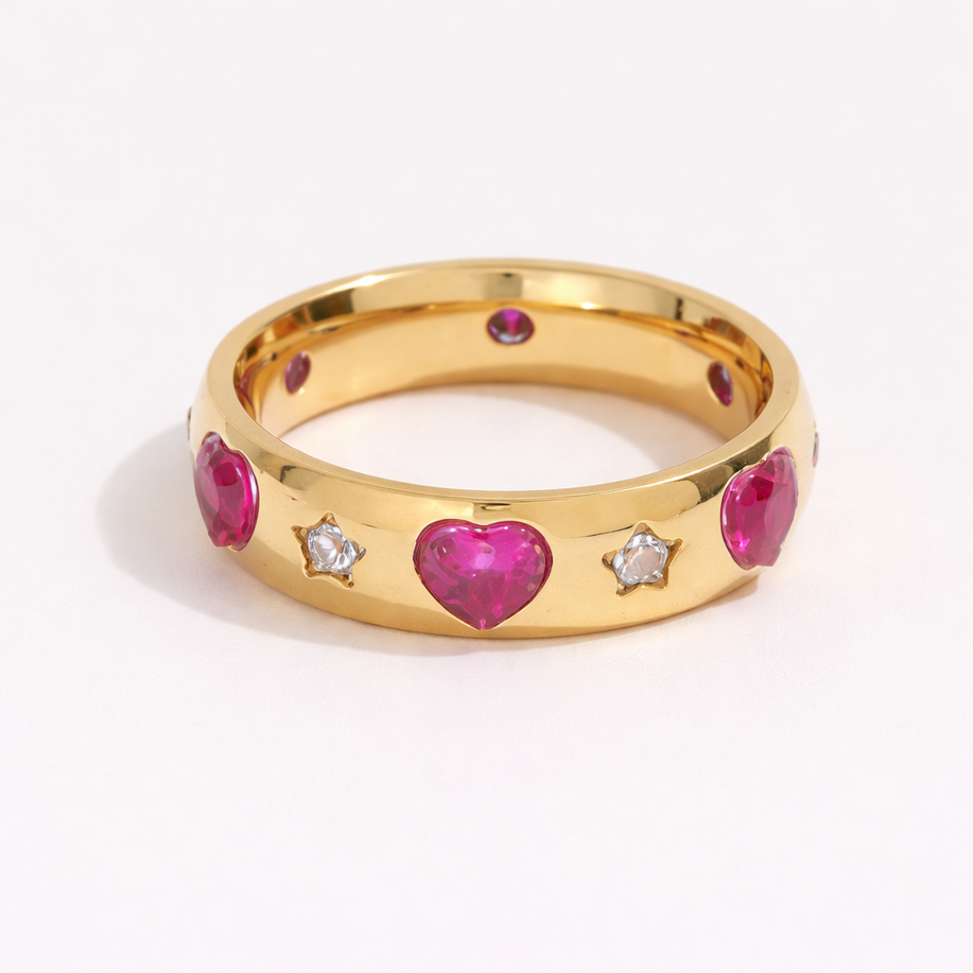 Elegant 18K Guldbelagt Ring med Pink Hjerte Zirkonia – Vandfast Rustfrit Stål