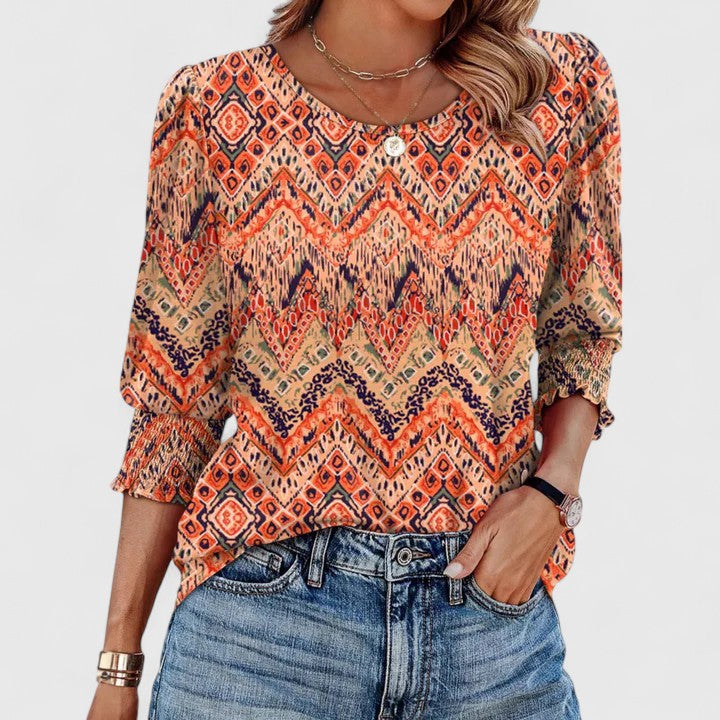 Harper | Kvinders Smocket Manchet 3/4 Ærme Crew Neck Top