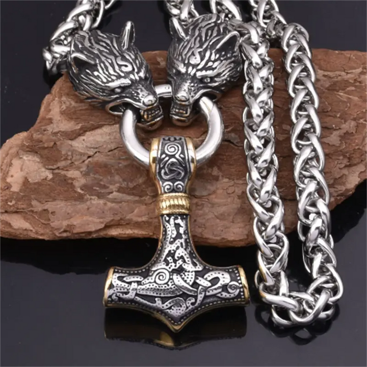 Herre Vintage Nordisk Zinklegering Viking Ulvehoved og Hammer Vedhæng Halskæde