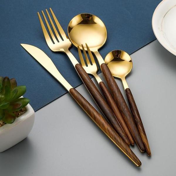 Elegant Træbestik Sæt med Rustfrit Stål - Kniv, Gaffel, Ske, Teske