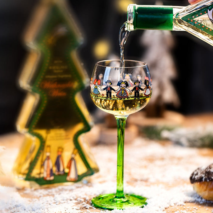 Håndmalet Alsace Vinglas med Grøn Fod og Folkedansere