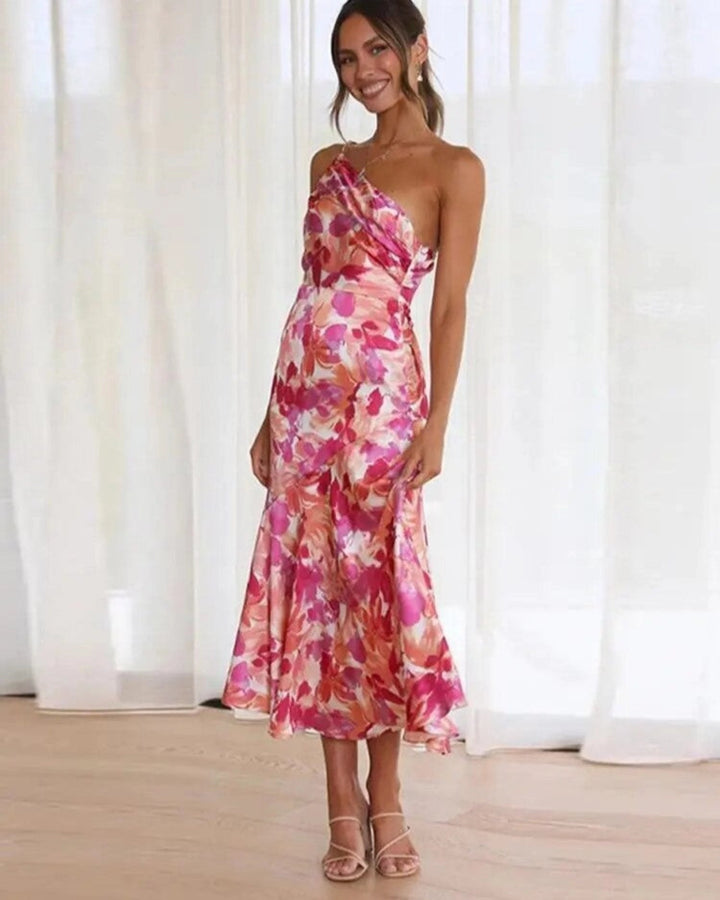 Genevieve | Kvinders Bryllupsgæst Blomster Asymmetrisk Midi Kjole