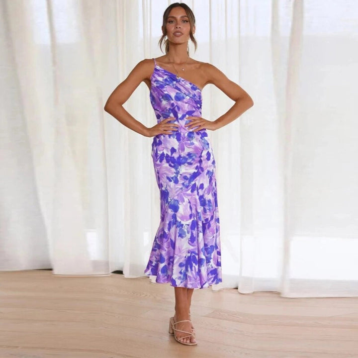 Genevieve | Kvinders Bryllupsgæst Blomster Asymmetrisk Midi Kjole