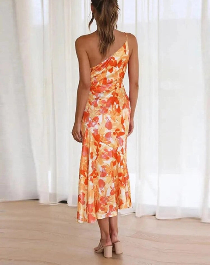 Genevieve | Kvinders Bryllupsgæst Blomster Asymmetrisk Midi Kjole