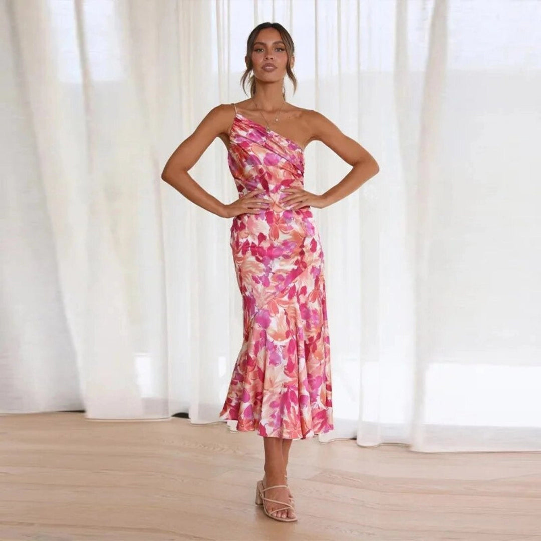 Genevieve | Asymmetrisk Midi Kjole med Blomster til Bryllupsgæster