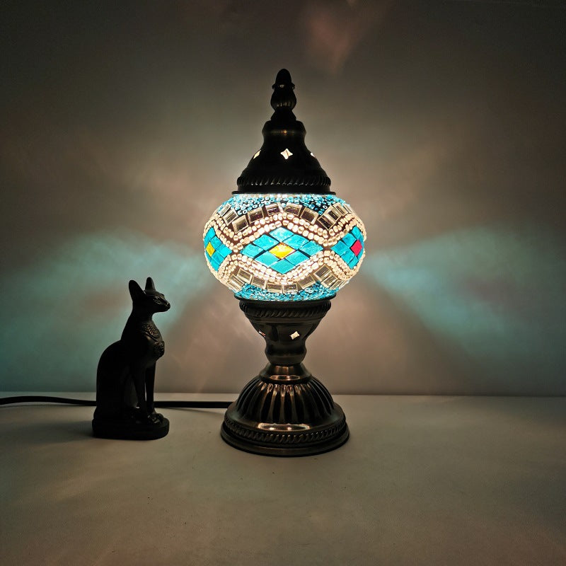 Tiffany Style Oval Bordlampe i Jern med Glas Skærm
