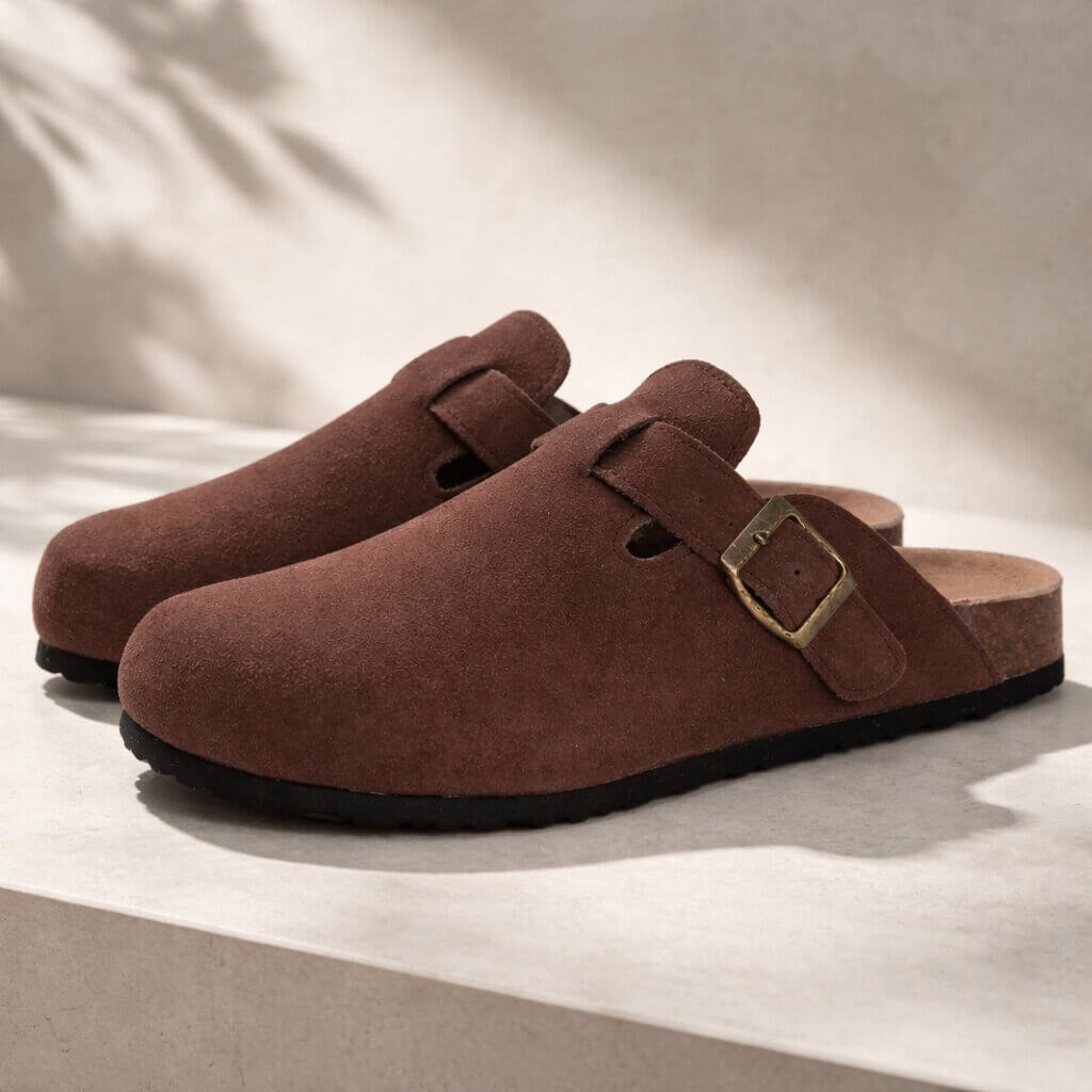 Justerbare clogs i ruskind med komfortabel fodseng