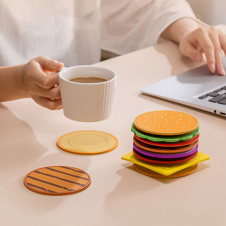 Burgerformede PVC Coasters - Sæt med 8 Stykker