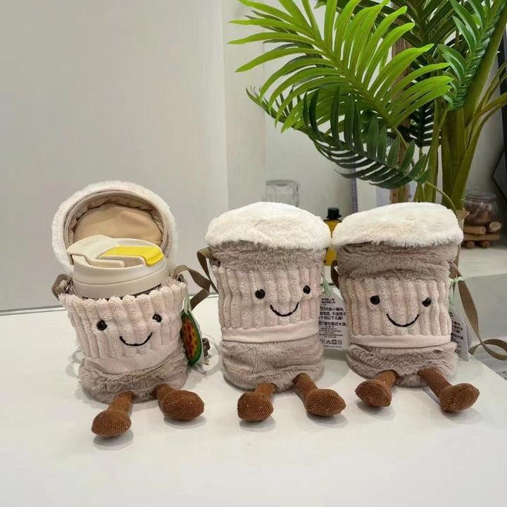 Plush Kaffe Kop Holder Taske med 3D Smilende Ansigt
