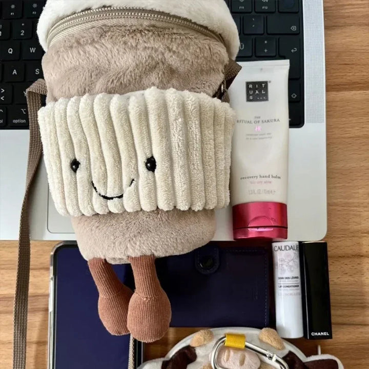 Plush Kaffe Kop Holder Taske med 3D Smilende Ansigt
