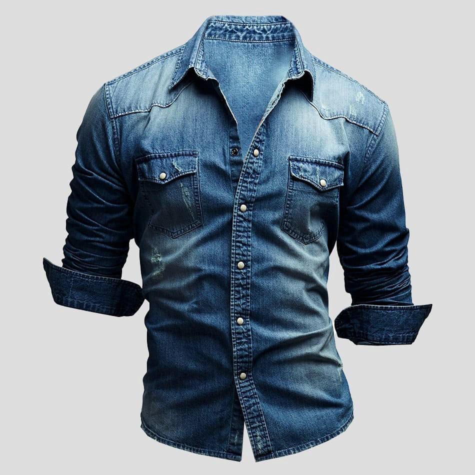 Denimskjorte til mænd med trykknaplukning og brystlommer