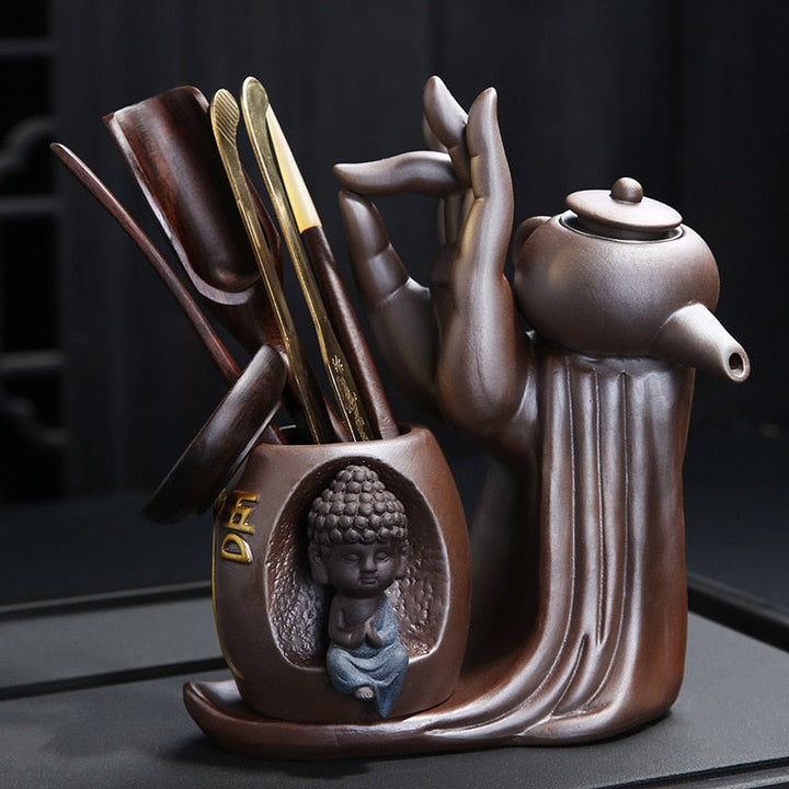 Elegant Te Ceremoni Sæt til Seks med Lilla Ler Teapot og Munk Dekoration