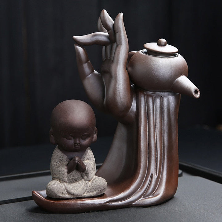 Elegant Te Ceremoni Sæt til Seks med Lilla Ler Teapot og Munk Dekoration