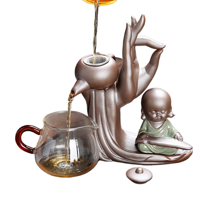 Elegant Te Ceremoni Sæt til Seks med Lilla Ler Teapot og Munk Dekoration