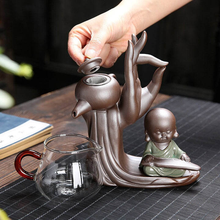 Elegant Te Ceremoni Sæt til Seks med Lilla Ler Teapot og Munk Dekoration