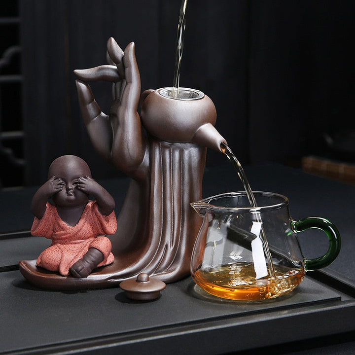 Elegant Te Ceremoni Sæt til Seks med Lilla Ler Teapot og Munk Dekoration
