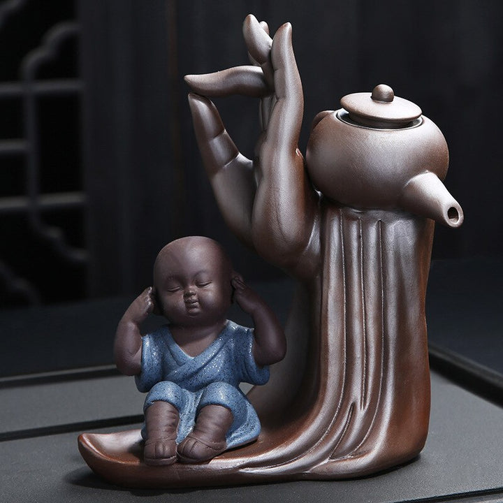 Elegant Te Ceremoni Sæt til Seks med Lilla Ler Teapot og Munk Dekoration