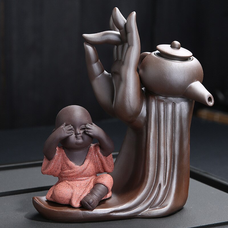 Elegant Te Ceremoni Sæt til Seks med Lilla Ler Teapot og Munk Dekoration