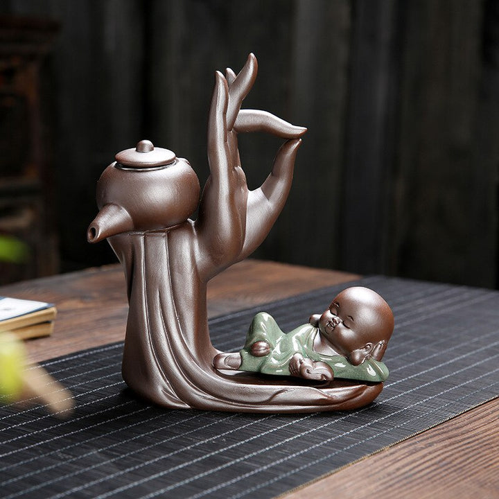 Elegant Te Ceremoni Sæt til Seks med Lilla Ler Teapot og Munk Dekoration