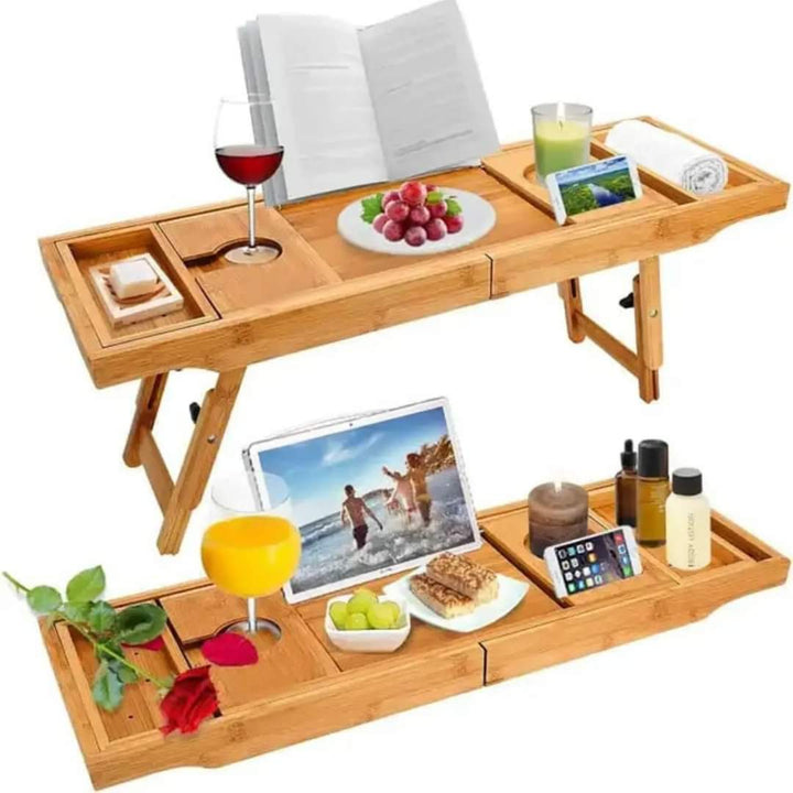 Udvidelig Bamboo Badekar Caddy Bakke med Justerbare Rum