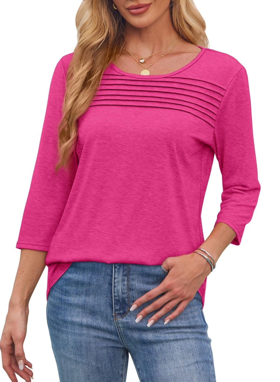 Lena | Kvinders Crew Neck 3/4 Ærme Plisseret Brysttop