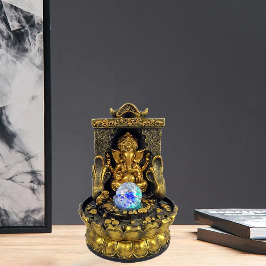 Ganesha Statue med LED Vandfald i Resin