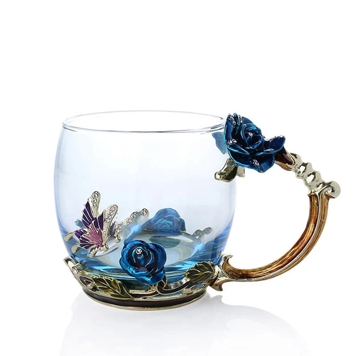 Klar Glas Kaffe- og Te Krus Sæt med Blå Rose Design og Rustfrit Stål Ske