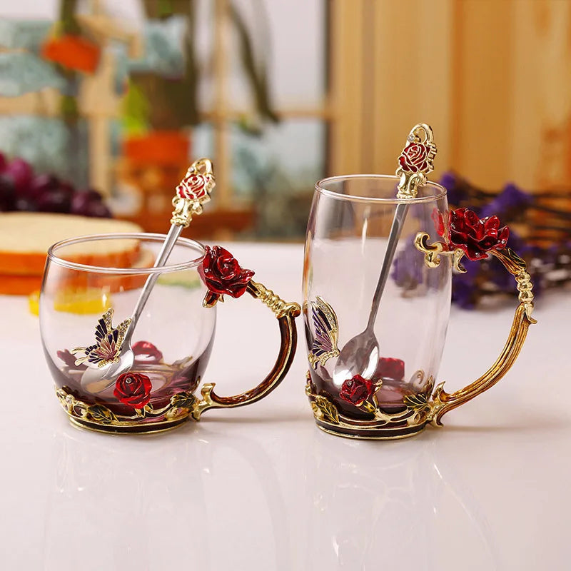 Klar Glas Kaffe- og Te Krus Sæt med Blå Rose Design og Rustfrit Stål Ske