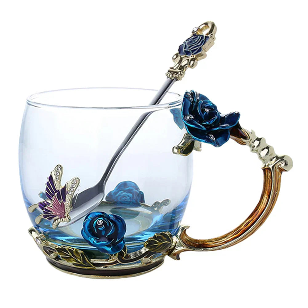 Klart Glas Kaffe- og Te Krus Sæt med Blå Rose Emalje Design og Rustfrit Stål Ske