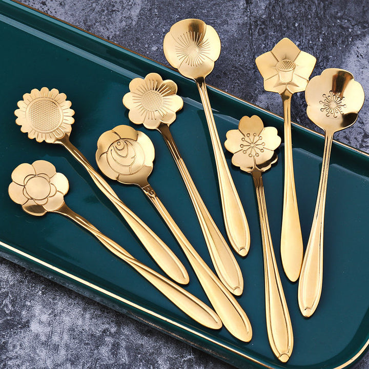 Teaspoons i Rustfrit Stål med Blomstermotiv - 8 Stykker