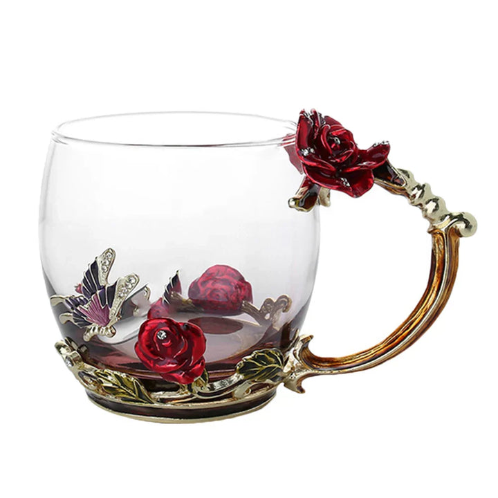 Klart Glas Kaffe- og Te Krus Sæt med Blå Rose Emalje Design og Rustfrit Stål Ske