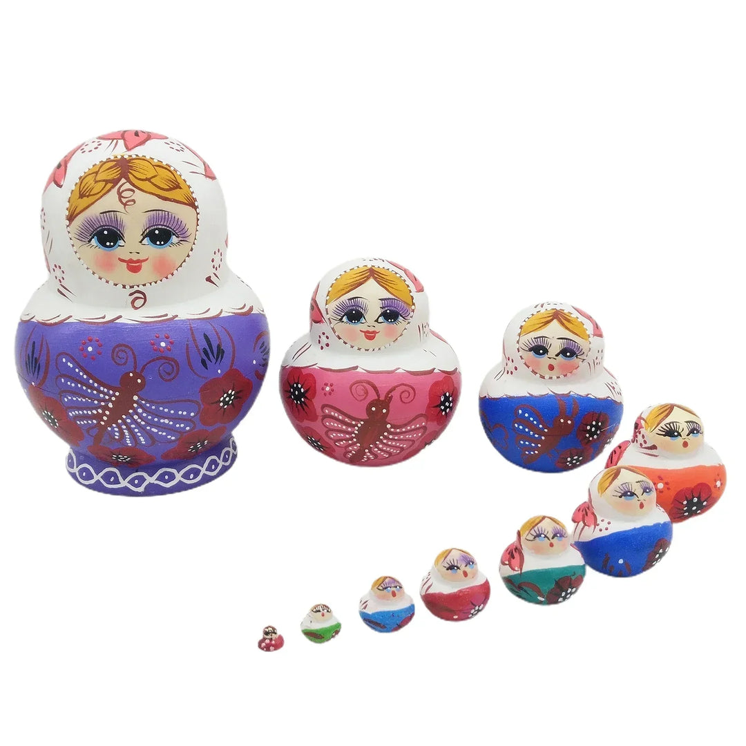 Traditionelt Sæt af 10 Håndlavede Træ-Matryoshka Dukker