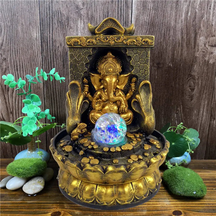 Ganesha Statue med LED Vandfald i Resin