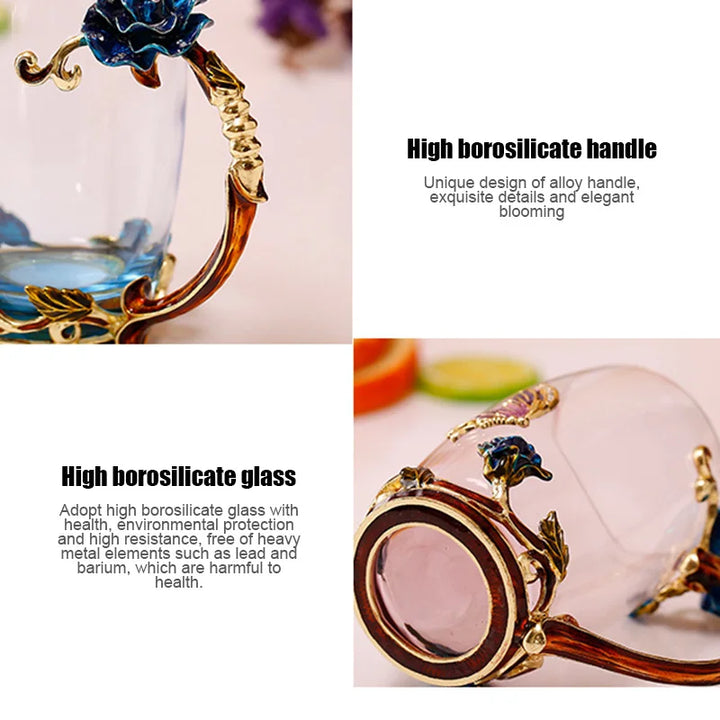 Klart Glas Kaffe- og Te Krus Sæt med Blå Rose Emalje Design og Rustfrit Stål Ske
